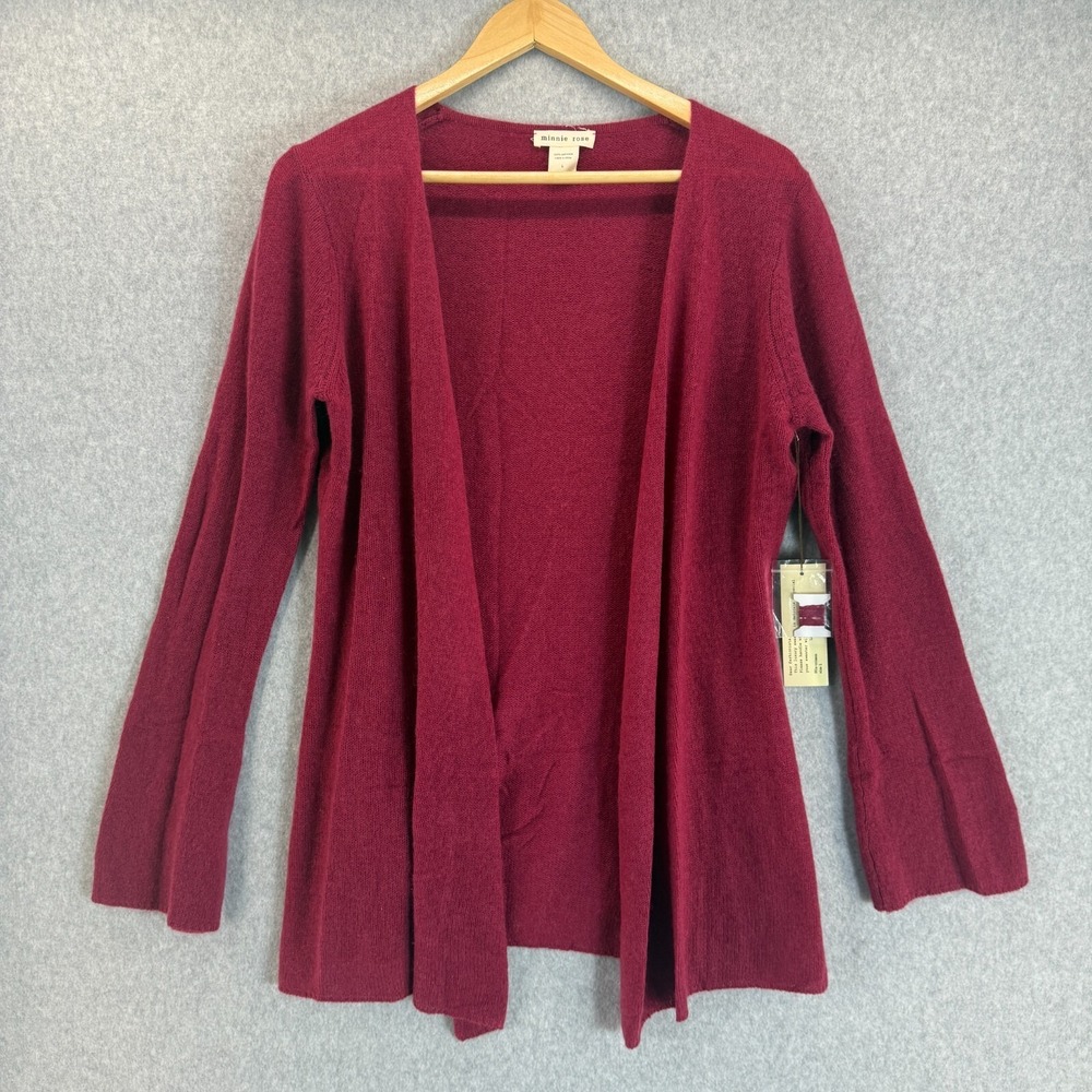 Minnie Rose Womens Size Large 100% Cashmere Berry Pink Open Front Cardigan NWT
